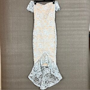 bardot fishtail midi dress Missguided | Dresses | Misssguided Tall Bardot Lace Fishtail Midi Dress  Light Blue Size 6 Nwt